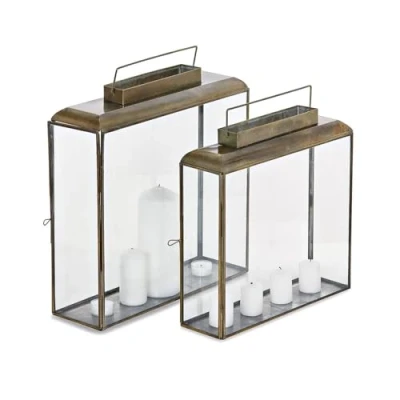 Abbildung von Loberon Laterne 2er Set Estrelle, Zwei Größen, geradliniges Industrial Design, natürliche Patina, für Teelichter oder Stumpenkerzen, Outdoor Laterne, Eisen, Glas, Bronze