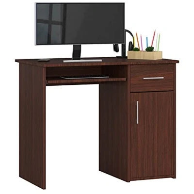 Abbildung von AKORD PC Schreibtisch PIN mit Tastaturablage Klein Schubladen Computertisch Bürotisch 1 Schublade, Ablagefach Tür, B90 x H74 T50 cm, 29 kg Wenge