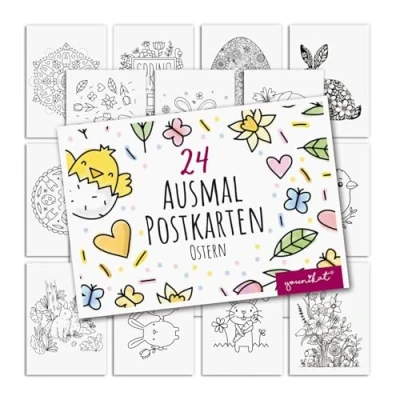 Abbildung von younikat Ostern Postkarten zum Ausmalen 24 Stk. I DIN A6 Kinder Erwachsene Selbstgestalten Frühling Oster Hase dv1549