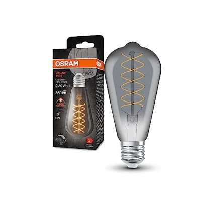 Abbildung von OSRAM Vintage 1906 LED Lampe mit Smoke Tönung, 7,8W, 360lm, Edison Form 64mm Durchmesser &amp; E27 Sockel, warmweiße Lichtfarbe, spiralförmiges Filament, dimmbar, bis zu 15.000 Stunden Lebensdauer