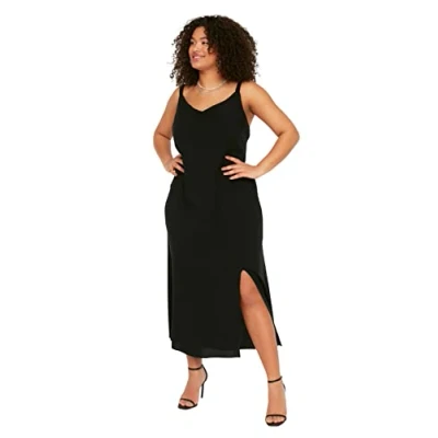 Abbildung von TRENDYOL Damen Women line Fitted Woven Dress Midi A Linie tailliertes gewebtes Plus Size Kleid, Schwarz, 48