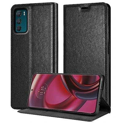 Abbildung von Cadorabo Hülle kompatibel mit Motorola Moto G42 aus Premium Kunst Leder Flip Klappbare Stoßfeste Magnetische [Standfunktion] [Kartenfächern] Cover Case für Tasche in Schwarz