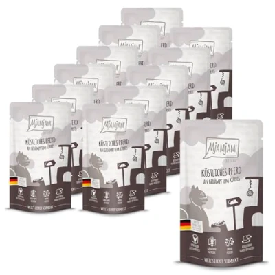 Abbildung von MjAMjAM Premium Nassfutter für Katzen Quetschie köstliches Pferd an gedämpftem Kürbis, 12er Pack (12 x 125 g), getreidefrei mit extra viel Fleisch, ‎1101712