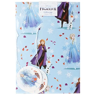 Abbildung von UK Greetings Disney Frozen Geschenkpapier für Mädchen, 2 Bögen und Anhänger, Cartoon Design aus dem Film Die Eiskönigin mit Anna, Elsa Olaf (in englischer Sprache)