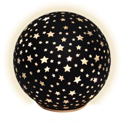 Abbildung von LED Weihnachts Glaskugel Sterne zum Stellen schwarz mit Timer 15 cm Dekokugel Aufsteller warm weiß beleuchtet Batterie betrieben Kugel Advent Winter Stimmungslicht Decoration edel elegant