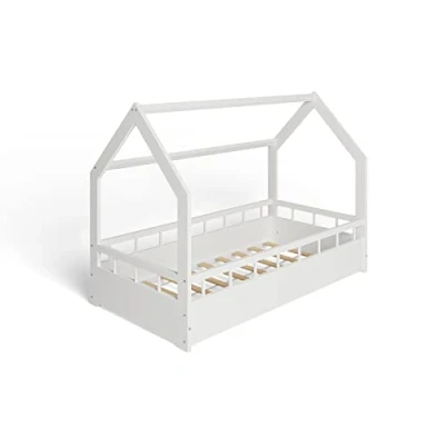 Abbildung von ms factory Hausbett Kinderbett 80x160 cm mit Rausfallschutz und Lattenrost Einzelbett aus Kiefernholz für Mädchen Junge Weiß
