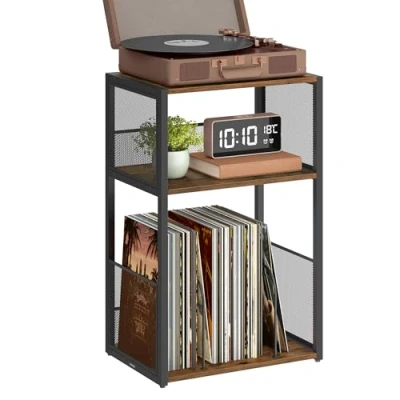 Abbildung von VASAGLE Plattenspieler Ständer, 3 Etagen, Beistelltisch, Aufbewahrung von Schallplatten, bis zu 100 Alben, Tisch für Wohnzimmer, Schlafzimmer, vintagebraun LET275K01