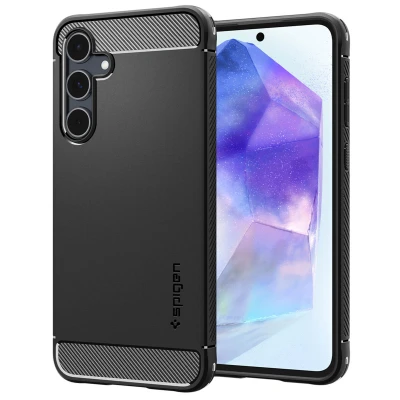 Abbildung von Samsung Galaxy A55 Hülle Silikon Spigen Soft Case/Backcover Handyhülle Schwarz Shockproof/Stoßfest