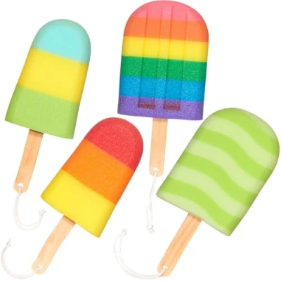 Abbildung von BRUBAKER Duschschwamm Badeschwamm Set Eis am Stiel Seifschwamm für Kinder und Erwachsene, 4 tlg., Badeknäuel zum Einseifen Waschschwamm inkl. Geschenkbox Bunt