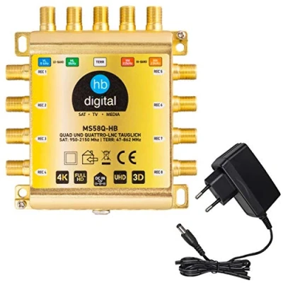 Abbildung von HB DIGITAL DVB S/S2 Multischalter 5/8 Multiswitch Verteiler für 1 SAT, 8 Teilnehmer Satelliten Receiver Quad &amp; Quattro LNB geeignet inkl. externes Netzteil MS58Q HDTV FullHD 1080p 4K UHD