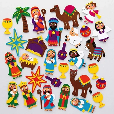 Abbildung von Baker Ross AX499 Weihnachtskrippe Moosgummi Sticker 200 Stück, Schaumstoff Aufkleber für Kinder zum Basteln, Gestalten und Dekorieren