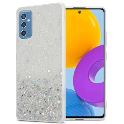 Abbildung von Cadorabo Hülle kompatibel mit Samsung Galaxy M52 5G Rundumschutz TPU Silikon Case Mädchen Glitzer Strass Design Slim Kratzfest Weiche Gummi Bling Schutzhülle für in Transparent