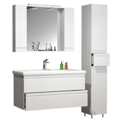 Abbildung von VCM Waschbeckenunterschrank &quot;VCM 4 tlg. Waschplatz Waschtisch 100 cm Badmöbel Set Waschbecken grifflose Schublade Spiegelschrank Hochschrank Silora XL&quot;, (4 St.)