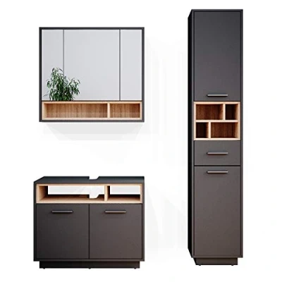 Abbildung von Vicco Badmöbel Set Beatrice, Anthrazit/Sonoma, 3 Teile, mit Hochschrank, (3 er Set, St., Spiegelschrank, Unterschrank,Hochschrank)