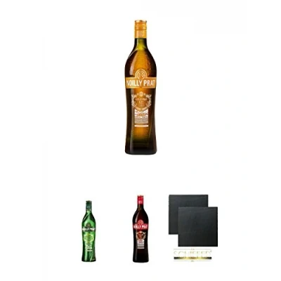 Abbildung von Noilly Prat AMBRE 0,75 Liter + Dry ROUGE Schiefer Glasuntersetzer eckig ca. 9,5 cm Ø 2 Stück