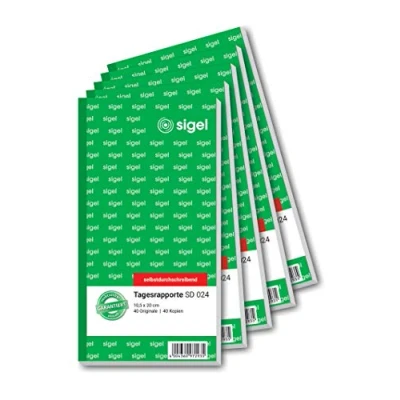 Abbildung von SIGEL SD024/5 Tagesrapport 10,5x20 cm, 2x40 Blatt, selbstdurchschreibend, 5er Pack, aus nachhaltigem Papier