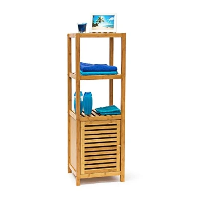 Abbildung von Relaxdays Badregal Bambus mit 4 Ablageflächen HxBxT 110x36,5x33 cm praktisches Holzregal mehreren Ebenen und Schrankteil magnetischem Verschluss Stauraum für Bad Wohnzimmer, natur