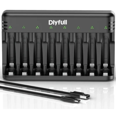 Abbildung von Dlyfull Ladegerät Batterien AAA AA, 8 Fach Akku für NI MH/NI CD Mignon AA und Micro mit LED Anzeige, 5V/2A USB C Schnell Batterieladegerät Wiederaufladbaren (Schwarz)