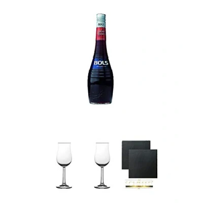 Abbildung von Bols Creme de Cacao Braun Holland 0,7 Liter + 2 Bugatti Nosing Gläser mit Eichstrich 2cl und 4 cl Schiefer Glasuntersetzer eckig ca. 9,5 cm Ø