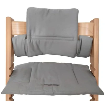 Abbildung von Kadem® Sitzkissen 100% Bio Baumwolle Classic Kissen Sitzbezug Hochstuhlauflage 2 teilig passend für Stokke Tripp Trapp Kinderhochstuhl maschinenwaschbar einfache schnelle Befestigung grau