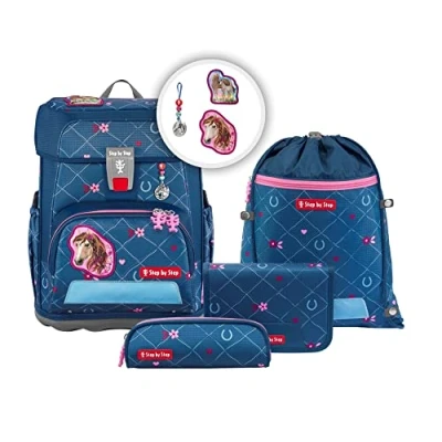 Abbildung von Step by Schulranzen Set Cloud „Horse Lima“ 5 teilig, ergonomischer Tornister, höhenverstellbar mit Hüftgurt, für die Grundschule, ab der 1. Klasse, 19L, blau rosa, Pferd Design