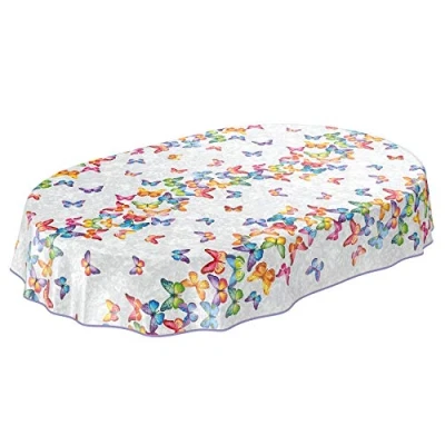Abbildung von ANRO Wachstuch Tischdecke abwaschbar Wachstuchtischdecke Wachstischdecke Schmetterlinge Silber Bunt Oval 180x140cm mit Saum Eingefasst
