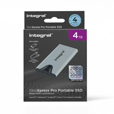 Abbildung von Integral 4TB SlimXpress Pro Tragbare USB 3.2 Gen 2x2 SSD Bis zu 2000MB/s Lesegeschwindigkeit und Schreibgeschwindigkeit Kompaktes Aluminiumgehäuse. Kompatibel mit Mac, PC mehr