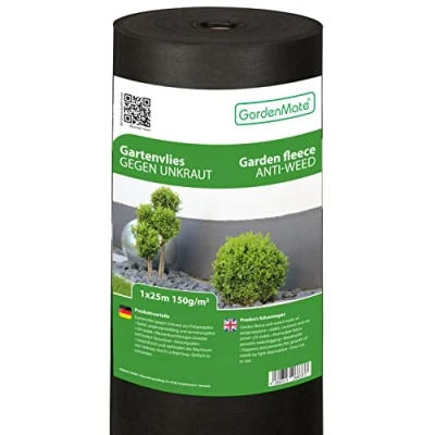 Abbildung von GardenMate 25m² Unkrautvlies Gartenvlies Rolle 1mx25m 150g/m² Premium Unkrautfolie wasserdurchlässig Extrem Reißfestes Flies Gartenflies Gartenfolie Beetfolie Pflanzfolie Hohe UV Stabilisierung