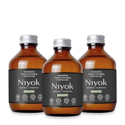 Abbildung von Niyok® Mundziehöl aus Bio Kokosöl &quot;Pfefferminze&quot; (3x200ml) Mundspülung mit ätherischen Ölen Kokos Ölziehkur gegen Karies, Zahnstein &amp; Mundgeruch Veganes Zahnöl für Ölziehen