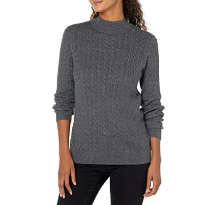 Abbildung von Amazon Essentials Damen Leichter Langarm Pullover mit Stehkragen und Zopfmuster in klassischer Passform, Dunkelgrau Meliert, S