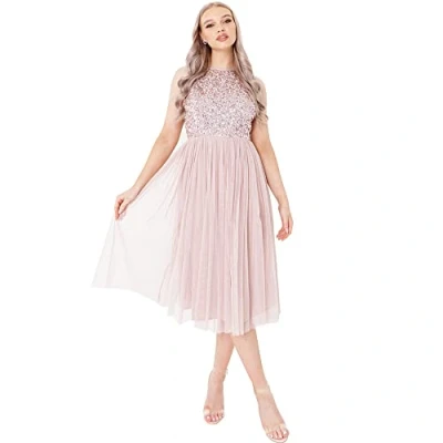 Abbildung von Maya Deluxe Damen Embellished Halter Neck Midi Bridesmaid Dress, Frosted Pink, 34 EU