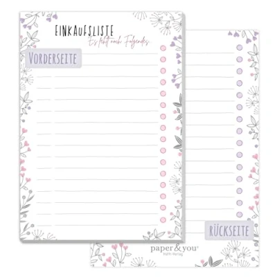 Abbildung von paper&amp;you® A6 Einkaufsliste Block &quot;Blumen&quot; mit 50 Blatt zum Abreißen Einkaufszettel Notizblock für mehr Freude beim Einkaufen nachhaltig &amp; klimafreundlich