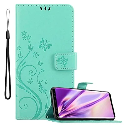 Abbildung von Cadorabo Hülle kompatibel mit Samsung Galaxy S9 Blumen Design aus Premium Kunst Leder Flip Klappbare Stoßfeste Magnetische [Standfunktion] [Kartenfächern] Cover für Tasche in Türkis