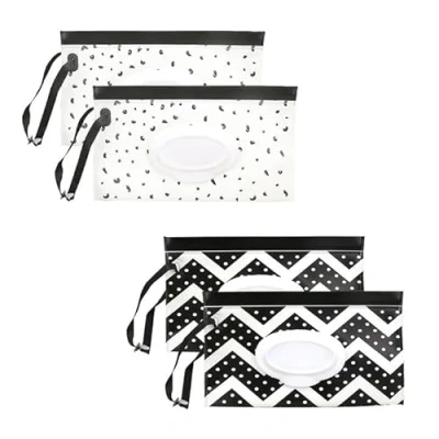 Abbildung von EUPSIIU 4 Stück Feuchttücher Tasche für Babys Box, Feuchtes Toilettenpapier Wiederverwendbar Wet Wipe Tasche, Baby Feuchttuchspender Mit Deckel Zuhause und Büro (Schwarz, Weiß)