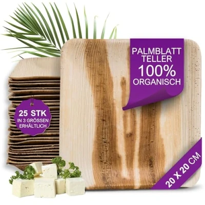Abbildung von Waipur Bio Palmblatt Geschirr 25 Stück eckig 20x20 cm Premium Einwegteller kompostierbar Umweltfreundliches Partygeschirr ähnl. Bambus Teller Einweg
