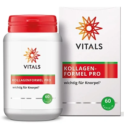 Abbildung von Vitals Kollagenformel Pro 60 Kapseln mit nicht denaturiertes Kollagen Typ II. Ergänzt Ester C, wichtig für die Kollagenproduktion und gut Knorpel. In einer pflanzlichen Kapsel.
