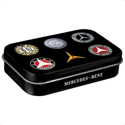 Abbildung von Nostalgic Art Retro Pillendose XL, 6 x 9,5 2 cm, Mercedes Benz Logo Evolution Geschenk Idee für Fans, mit Pfefferminz Dragees, Vintage Design