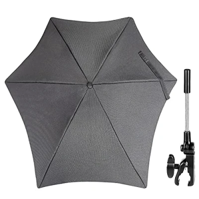 Abbildung von ZjRight Universal Sonnenschirm Sonnenschutz für Kinderwagen &amp; Buggy UV Schutz 50+ / 70 cm Biegsamer Schirm mit Universalhalterung Rund und Ovalrohre Dunkelgrau