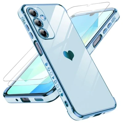 Abbildung von LeYi Handyhülle für Samsung Galaxy A16 5G Hülle mit 2*Schutzfolie, Cute Herz Muster TPU Silikon Galvanik Stoßfest Schutzhülle Cover Case, Kameraschutz Kratzfest A 16 4G/5G Blau