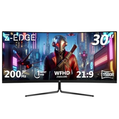 Abbildung von Z Edge 30 Zoll Ultrawide Curved Gaming Monitor 200Hz(DP) 165Hz(HDMI) 1ms MPRT, 2560x1080 VA Panel, 21:9 R1500 Bildschirm, 300cd/m² Helligkeit, FreeSync, HDMI &amp; DisplayPort, Schwarz