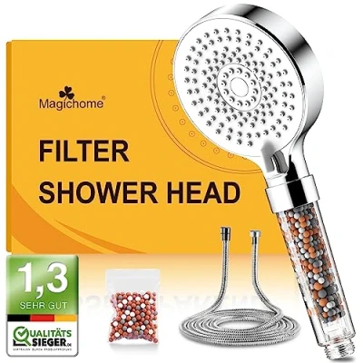 Abbildung von Magichome Wassersparender Duschkopf mit Schlauch 2M,Handbrause Filter Mineralsteinen und 5 Strahlarten, Wassersparende Druckerhöhende Duschbrause 3 Lagen Filtration zusätzlichen Steinen