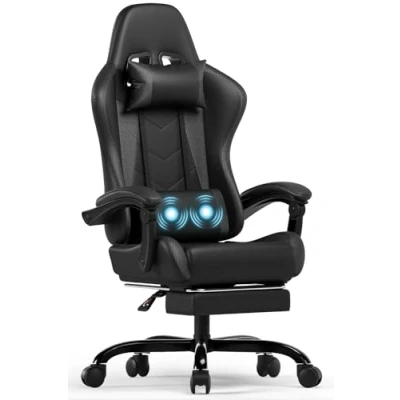 Abbildung von Devoko Massage Gaming Stuhl, Computer Bürostuhl mit Fußstütze, Racing Gamer Stuhl 150kg Belastbarkeit, 90 135 Rückenlehne einstellbar Ergonomischer PC 360 drehbar, Schwarz