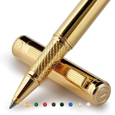 Abbildung von Scriveiner Tintenroller Hochwertiger mit 24 Karat Gold Details, schwarze Schmidt Ersatzmine, Geschenkbox, Büro set, Schöne Professionelle (Gold)