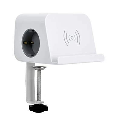 Abbildung von SIMON Combiflat Steckdose, 2 Schuko Steckdosen, 16 A, 250 V + USB A C kabelloses Laden mit Halterung und Befestigung