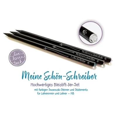 Abbildung von Meine Schön Schreiber „live love teach“: Hochwertiges Bleistift 3er Set, mit farbigen Swarovski Steinen und Statements für Lehrerinnen Lehrer, HB