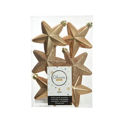 Abbildung von Christbaumschmuck Sterne Kunststoff 7cm x 6 Stück Anhänger Glitzer Sand beige Hellbraun Karamel
