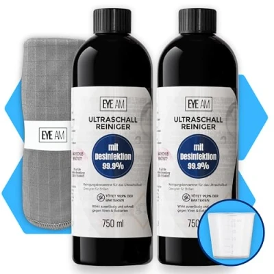 Abbildung von EyeAm Ultraschallreiniger NEUHEIT: Konzentrat MIT DESINFEKTION (2x750ml), inkl. Brillenputztuch &amp; Messbecher
