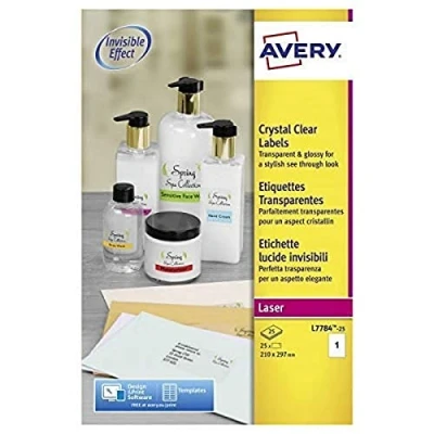 Abbildung von Avery Kristallklare Etiketten für Laserdrucker langlebig 1 pro Blatt 210 x 297 mm 25 Stück transparent