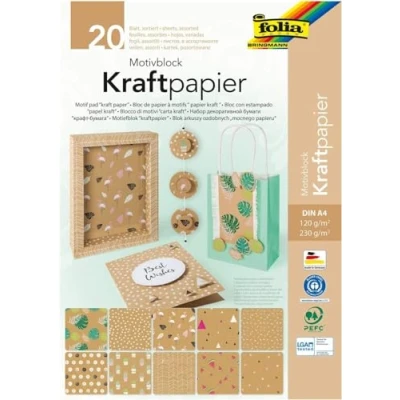 Abbildung von folia 48798 Motivblock Kraftpapier Mix mit 10 Blatt 120 g/m² und Kraftkarton 230 g/m², DIN A4, unifarben Motivdruck, Block Kopfleimung, zum Basteln Gestalten