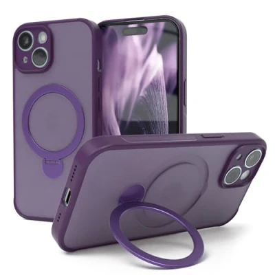 Abbildung von EAZY CASE MagSafe Handyhülle für iPhone 15 kompatibel mit Hülle Ständer 360 Ring &amp; Magnetfunktion zum Aufstellen stoßfest Cover in Lila